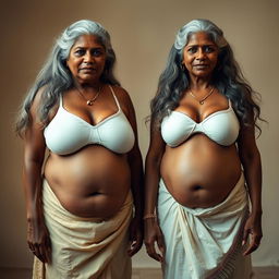 Two confident dusky Indian women, aged 60, stand side by side in a striking full front view