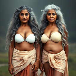 Two confident dusky Indian women, aged 60, stand side by side in a striking full front view
