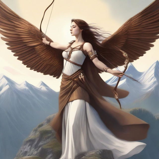 This digital art image showcases a breathtakingly beautiful brown-haired goddess of archery with wings, standing at the peak of a mountain