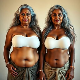 Two confident dusky Indian women, aged 60, stand side by side in a striking full front view