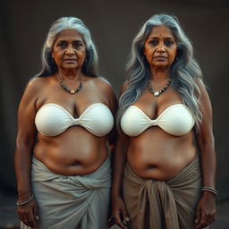 Two confident dusky Indian women, aged 60, stand side by side in a striking full front view