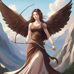 This digital art image showcases a breathtakingly beautiful brown-haired goddess of archery with wings, standing at the peak of a mountain