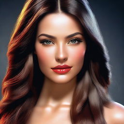 This is a high-resolution, realistic digital art image of a full-bodied, sexy brunette woman with medium lips and long, straight hair