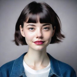 A high-quality portrait of a millennial pale-skinned girl with short dark hair, capturing a modern and youthful vibe.