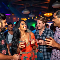 A stunning Indian woman with long black hair and a vibrant outfit, playfully interacting with a group of tall American men at a lively party