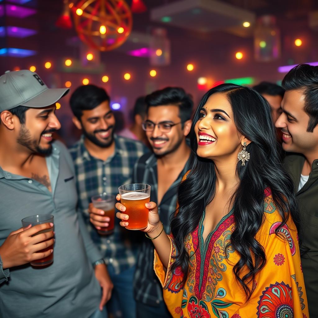 A stunning Indian woman with long black hair and a vibrant outfit, playfully interacting with a group of tall American men at a lively party