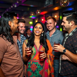 A stunning Indian woman with long black hair and a vibrant outfit, playfully interacting with a group of tall American men at a lively party