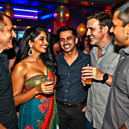 A stunning Indian woman with long black hair and a vibrant outfit, playfully interacting with a group of tall American men at a lively party