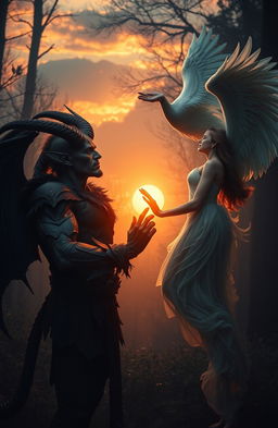 A captivating scene of forbidden love between a powerful demon man with dark, intricately detailed horns and a fierce expression, and a radiant angel woman with stunning, feathered wings and a gentle smile