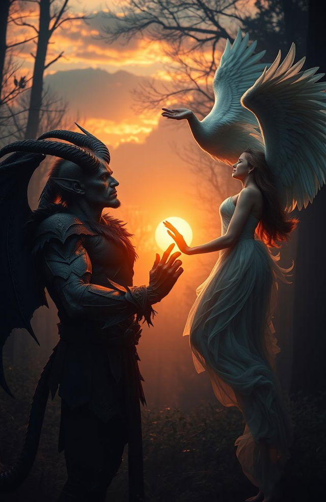 A captivating scene of forbidden love between a powerful demon man with dark, intricately detailed horns and a fierce expression, and a radiant angel woman with stunning, feathered wings and a gentle smile