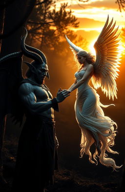 A captivating scene of forbidden love between a powerful demon man with dark, intricately detailed horns and a fierce expression, and a radiant angel woman with stunning, feathered wings and a gentle smile