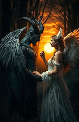 A captivating scene of forbidden love between a powerful demon man with dark, intricately detailed horns and a fierce expression, and a radiant angel woman with stunning, feathered wings and a gentle smile
