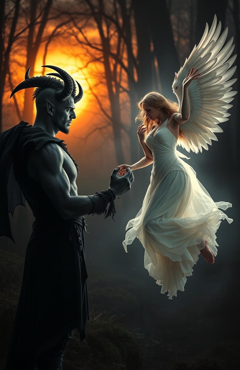 A captivating scene of forbidden love between a powerful demon man with dark, intricately detailed horns and a fierce expression, and a radiant angel woman with stunning, feathered wings and a gentle smile