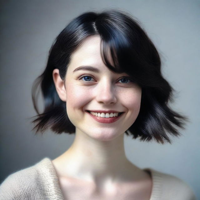 A high-quality portrait of a millennial pale-skinned girl with short dark hair, capturing a modern and youthful vibe.