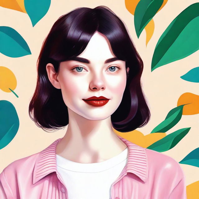 A vibrant portrait of a millennial pale-skinned girl with short, dark hair, exuding a modern and youthful vibe.