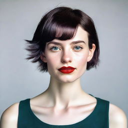 A vibrant portrait of a millennial pale-skinned girl with short, dark hair, exuding a modern and youthful vibe.