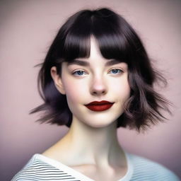 A vibrant portrait of a millennial pale-skinned girl with short, dark hair, exuding a modern and youthful vibe.