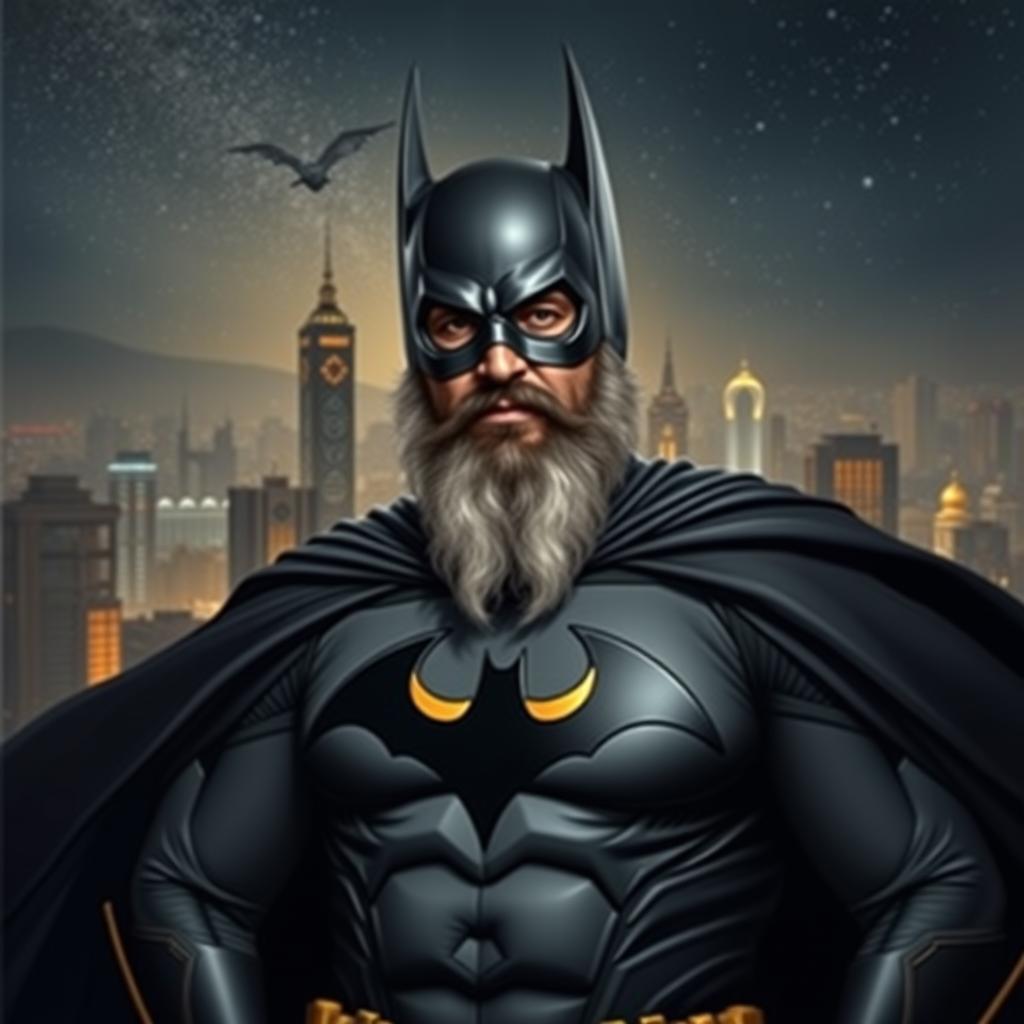 A portrait of Ayatollah Khomeini depicted as a superhero in a Batman outfit