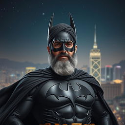 A portrait of Ayatollah Khomeini depicted as a superhero in a Batman outfit