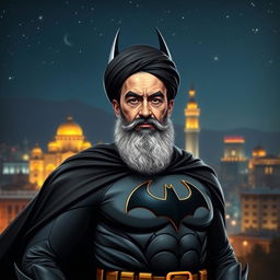 A portrait of Ayatollah Khomeini depicted as a superhero in a Batman outfit