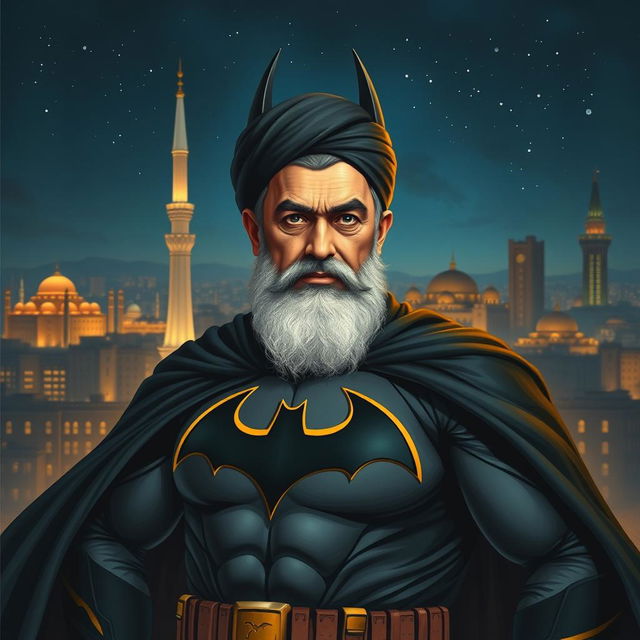 A portrait of Ayatollah Khomeini depicted as a superhero in a Batman outfit