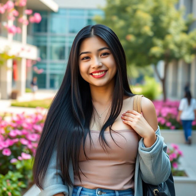 A stunning 26-year-old Filipina university student with large breasts, demonstrating a relaxed and flirtatious demeanor