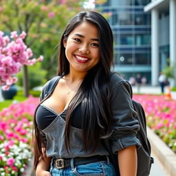 A stunning 26-year-old Filipina university student with large breasts, demonstrating a relaxed and flirtatious demeanor