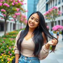A stunning 26-year-old Filipina university student with large breasts, demonstrating a relaxed and flirtatious demeanor