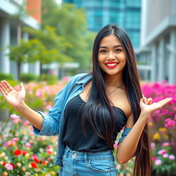 A stunning 26-year-old Filipina university student with large breasts, demonstrating a relaxed and flirtatious demeanor