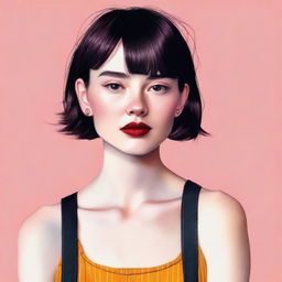 A vibrant portrait of a millennial pale-skinned girl with short, dark hair, exuding a modern and youthful vibe.