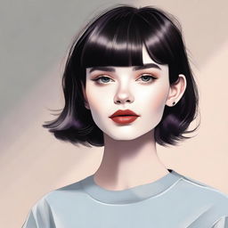 A high-quality, digital art portrait of a millennial, pale-skinned girl with short, dark hair