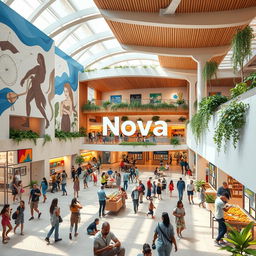 A vibrant and harmonious community center named Nova that embodies the integration of innovation, culture, sports, education, commerce, and art