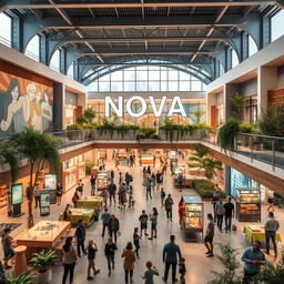 A vibrant and harmonious community center named Nova that embodies the integration of innovation, culture, sports, education, commerce, and art