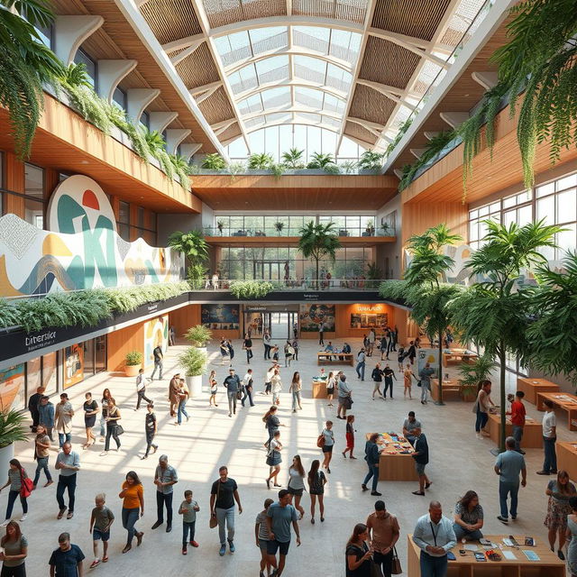A vibrant and harmonious community center named Nova that embodies the integration of innovation, culture, sports, education, commerce, and art