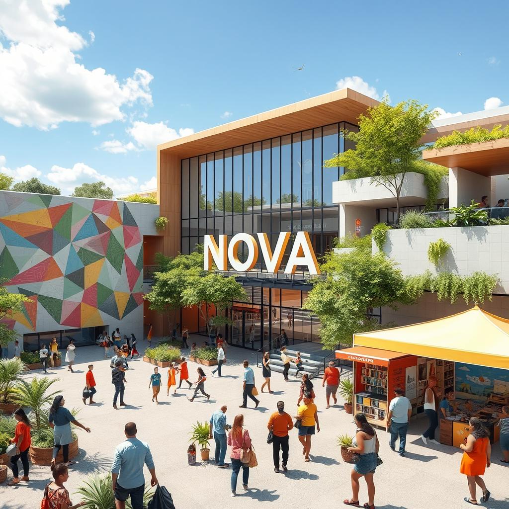 A vibrant and harmonious community center named Nova that embodies the integration of innovation, culture, sports, education, commerce, and art