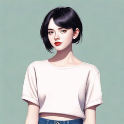 A high-quality, digital art portrait of a millennial, pale-skinned girl with short, dark hair