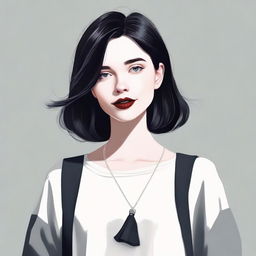 A high-quality, digital art portrait of a millennial, pale-skinned girl with short, dark hair