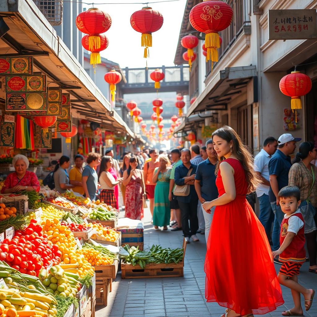 A vibrant street market scene featuring colorful stalls filled with fresh fruits and vegetables, lively chatter among enthusiastic shoppers, and a backdrop of traditional architecture