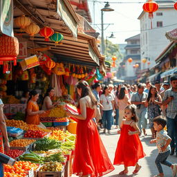 A vibrant street market scene featuring colorful stalls filled with fresh fruits and vegetables, lively chatter among enthusiastic shoppers, and a backdrop of traditional architecture