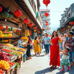 A vibrant street market scene featuring colorful stalls filled with fresh fruits and vegetables, lively chatter among enthusiastic shoppers, and a backdrop of traditional architecture