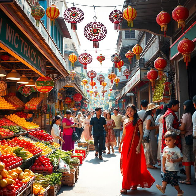 A vibrant street market scene featuring colorful stalls filled with fresh fruits and vegetables, lively chatter among enthusiastic shoppers, and a backdrop of traditional architecture