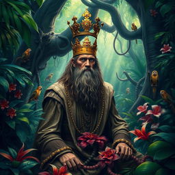A mystical jungle scene featuring an impoverished king surrounded by lush greenery and ancient trees
