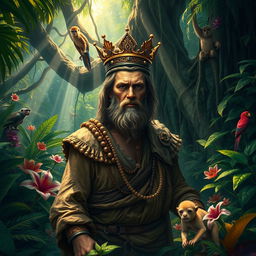 A mystical jungle scene featuring an impoverished king surrounded by lush greenery and ancient trees