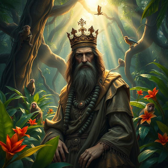 A mystical jungle scene featuring an impoverished king surrounded by lush greenery and ancient trees