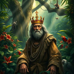 A mystical jungle scene featuring an impoverished king surrounded by lush greenery and ancient trees