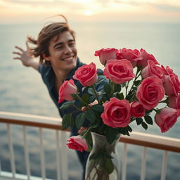 A romantic and cinematic scene inspired by the movie Titanic, featuring a young man named Jack flying joyfully behind a beautiful vase of vibrant roses