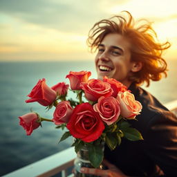 A romantic and cinematic scene inspired by the movie Titanic, featuring a young man named Jack flying joyfully behind a beautiful vase of vibrant roses