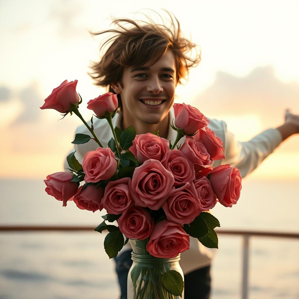 A romantic and cinematic scene inspired by the movie Titanic, featuring a young man named Jack flying joyfully behind a beautiful vase of vibrant roses