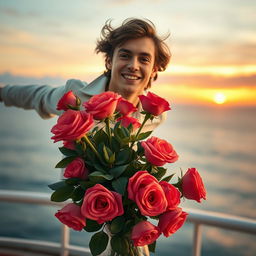 A romantic and cinematic scene inspired by the movie Titanic, featuring a young man named Jack flying joyfully behind a beautiful vase of vibrant roses