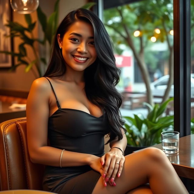 A beautiful Filipino woman with large breasts, 26 years old, casually flirting